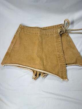 Baevely Camel Denim Tie-Waist Wrap Skort with Frayed Hem